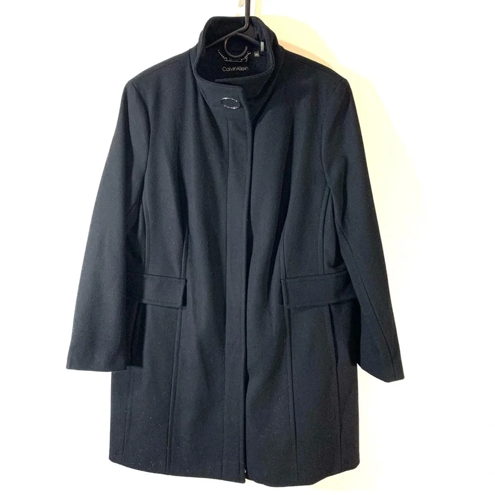 Calvin Klein Black Wool Blend Pea Coat - Picture 3 of 16